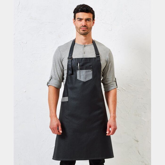 Premier Division waxed-look denim bib apron with faux leather PR136 Division waxed-look denim bib apron with faux leather Thumbnail